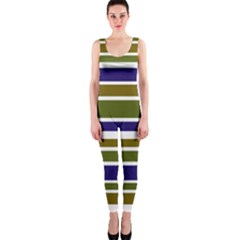 Olive Green Blue Stripes Pattern Onepiece Catsuit by BrightVibesDesign