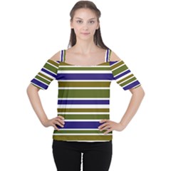 Olive Green Blue Stripes Pattern Women s Cutout Shoulder Tee