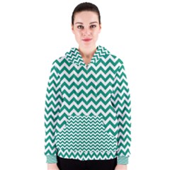 Emerald Green & White Zigzag Pattern Women s Zipper Hoodie by Zandiepants