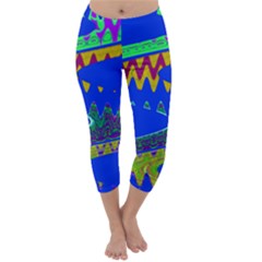 Colorful Wave Blue Abstract Capri Winter Leggings 