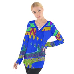 Colorful Wave Blue Abstract Women s Tie Up Tee