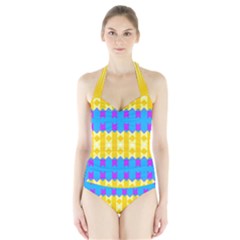 Rhombus And Other Shapes Pattern                                          Women s Halter One Piece Swimsuit