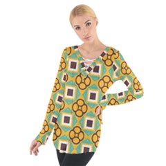 Flowers And Squares Pattern                                             Women s Tie Up Tee