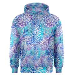 Boho Flower Doodle On Blue Watercolor Men s Pullover Hoodie