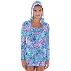 Boho Flower Doodle On Blue Watercolor Women s Long Sleeve Hooded T-shirt