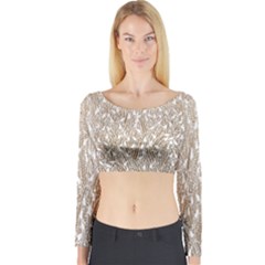 Brown Ombre Feather Pattern, White, Long Sleeve Crop Top