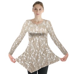 Brown Ombre Feather Pattern, White, Long Sleeve Tunic  by Zandiepants