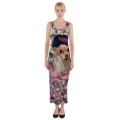 Chi Chi In Flowers, Chihuahua Puppy In Cute Hat Fitted Maxi Dress by DianeClancy