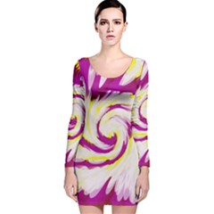 Tie Dye Pink Yellow Swirl Abstract Long Sleeve Velvet Bodycon Dress