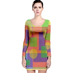 Colorful Geometrical Design Long Sleeve Velvet Bodycon Dress by Valentinaart