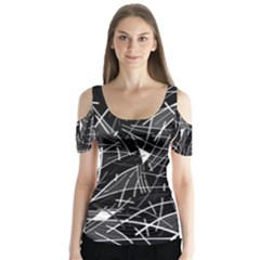 Gray Abstraction Butterfly Sleeve Cutout Tee 