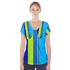 Blue And Green Lines Short Sleeve Front Detail Top