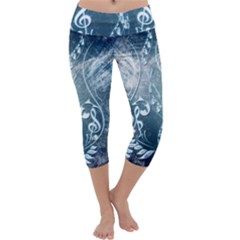 Music, Decorative Clef With Floral Elements In Blue Colors Capri Yoga Leggings