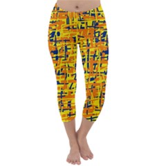 Yellow, Orange And Blue Pattern Capri Winter Leggings 