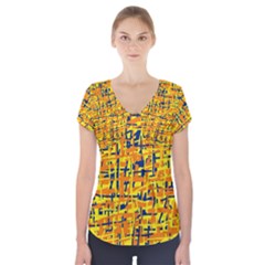 Yellow, Orange And Blue Pattern Short Sleeve Front Detail Top