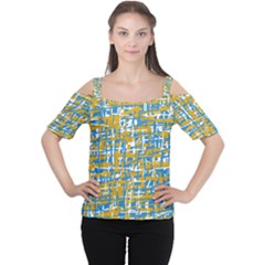 Blue And Yellow Elegant Pattern Women s Cutout Shoulder Tee