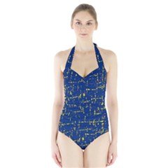 Deep Blue And Yellow Pattern Halter Swimsuit