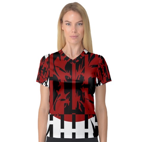 Red, Black And White Decorative Abstraction Women s V-neck Sport Mesh Tee by Valentinaart