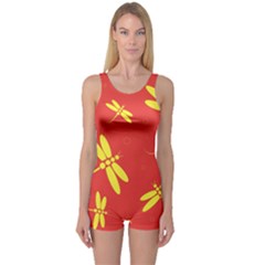 Red And Yellow Dragonflies Pattern One Piece Boyleg Swimsuit by Valentinaart