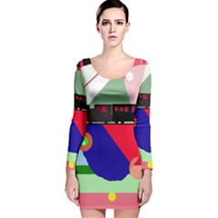 Abstract Train Long Sleeve Velvet Bodycon Dress