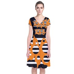 Orange Abstract Design Short Sleeve Front Wrap Dress