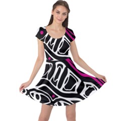 Magenta, Black And White Abstract Art Cap Sleeve Dresses by Valentinaart