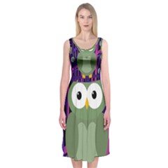 Green And Purple Owl Midi Sleeveless Dress