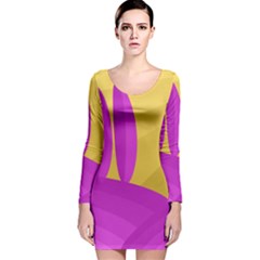 Yellow And Magenta Landscape Long Sleeve Velvet Bodycon Dress by Valentinaart