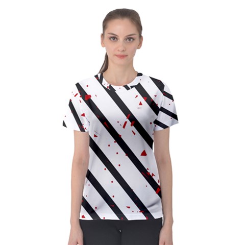 Elegant Black, Red And White Lines Women s Sport Mesh Tee by Valentinaart