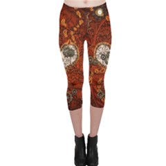 Steampunk, Wonderful Heart With Clocks And Gears On Red Background Capri Leggings  by FantasyWorld7