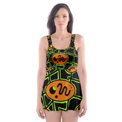 Orange And Green Abstraction Skater Dress Swimsuit by Valentinaart