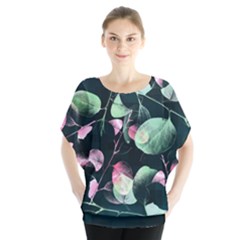 Modern Green And Pink Leaves Batwing Chiffon Blouse