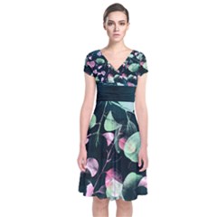 Modern Green And Pink Leaves Short Sleeve Front Wrap Dress