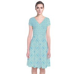 Light Blue Lattice Pattern Short Sleeve Front Wrap Dress