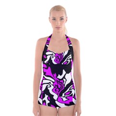 Purple, White And Black Decor Boyleg Halter Swimsuit 