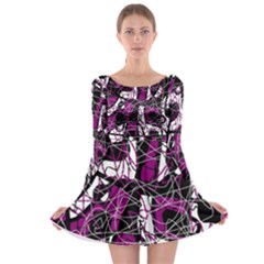 Purple, White, Black Abstract Art Long Sleeve Skater Dress by Valentinaart