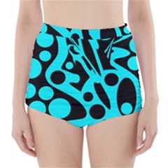 Cyan And Black Abstract Decor High-waisted Bikini Bottoms by Valentinaart