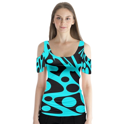 Cyan And Black Abstract Decor Butterfly Sleeve Cutout Tee  by Valentinaart