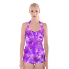 Purple Splatter Pattern Boyleg Halter Swimsuit  by traceyleeartdesigns