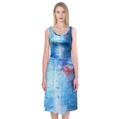 Abstract Blue And White Print  Midi Sleeveless Dress