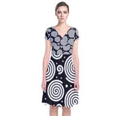 Black And White Hypnoses Short Sleeve Front Wrap Dress