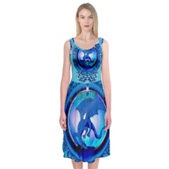 The Blue Dragpn On A Round Button With Floral Elements Midi Sleeveless Dress