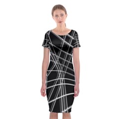 Black And White Warped Lines Classic Short Sleeve Midi Dress by Valentinaart