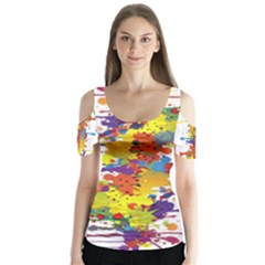 Crazy Multicolored Double Running Splashes Butterfly Sleeve Cutout Tee 