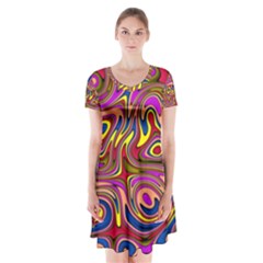 Abstract Shimmering Multicolor Swirly Short Sleeve V-neck Flare Dress by designworld65