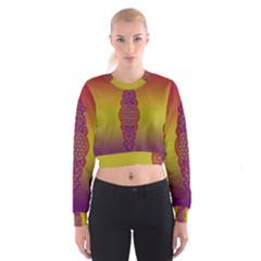 Flower Of Life Vintage Gold Ornaments Red Purple Olive Women s Cropped Sweatshirt by EDDArt