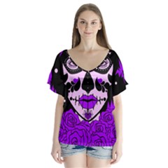 Sugar Skull Purple Roses Flutter Sleeve Top