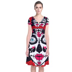 Sugar Skull Red Roses Short Sleeve Front Wrap Dress