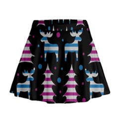 Blue And Pink Reindeer Pattern Mini Flare Skirt