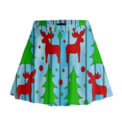 Xmas Reindeer Pattern - Blue Mini Flare Skirt